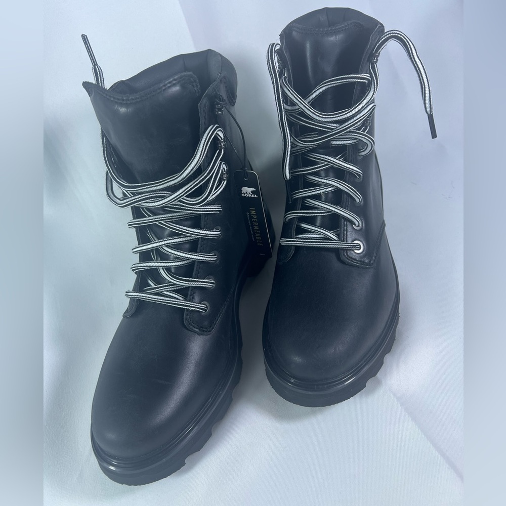 SOREL Lennox Leather Lace STKD Boot in Black Sea Salt NWT NO BOX Size:10 Women’s - Picture 3 of 15